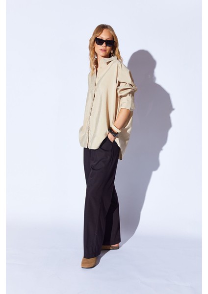Bej Soft Yumuşak Dokulu Modal Karışımlı Oversize Kadın Gömlek - 9503