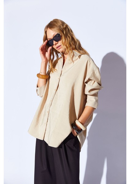 Bej Soft Yumuşak Dokulu Modal Karışımlı Oversize Kadın Gömlek - 9503