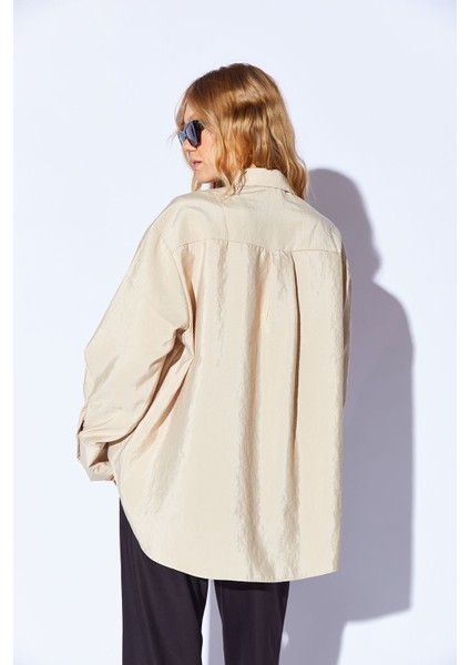 Bej Soft Yumuşak Dokulu Modal Karışımlı Oversize Kadın Gömlek - 9503