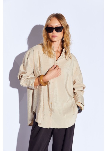 Bej Soft Yumuşak Dokulu Modal Karışımlı Oversize Kadın Gömlek - 9503