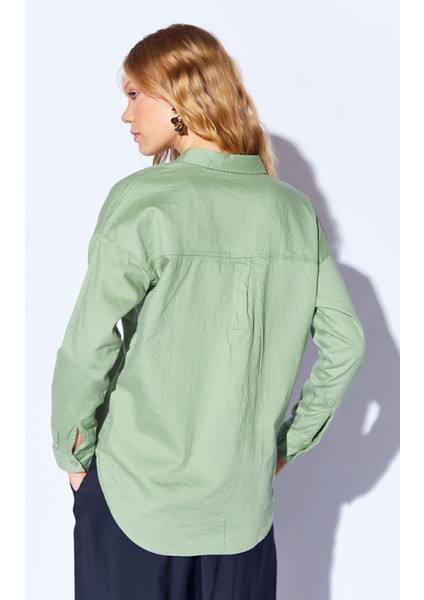 Çağla Oversize Tek Cepli Gabardin Rahat Kesim Soft Dokulu Pamuk Kadın Gömlek - 8174