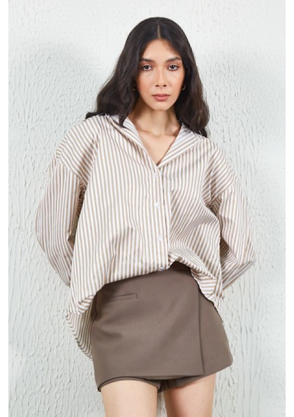 Bej Çizgili Oversize Rahat Kalıp Basic Kadın Gömlek | Ek100167429yn