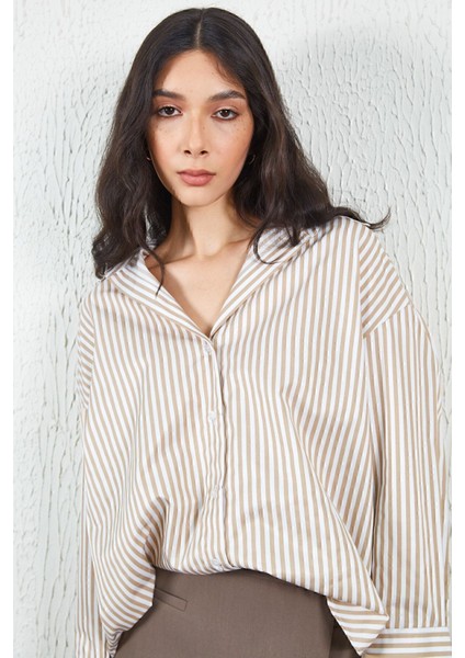 Bej Çizgili Oversize Rahat Kalıp Basic Kadın Gömlek | Ek100167429yn fiyatları