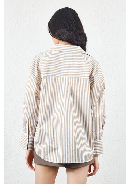 Bej Çizgili Oversize Rahat Kalıp Basic Kadın Gömlek | Ek100167429yn fırsatları