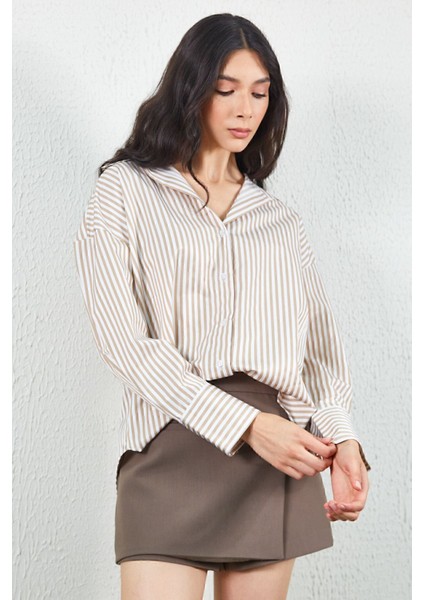 Bej Çizgili Oversize Rahat Kalıp Basic Kadın Gömlek | Ek100167429yn indirimleri