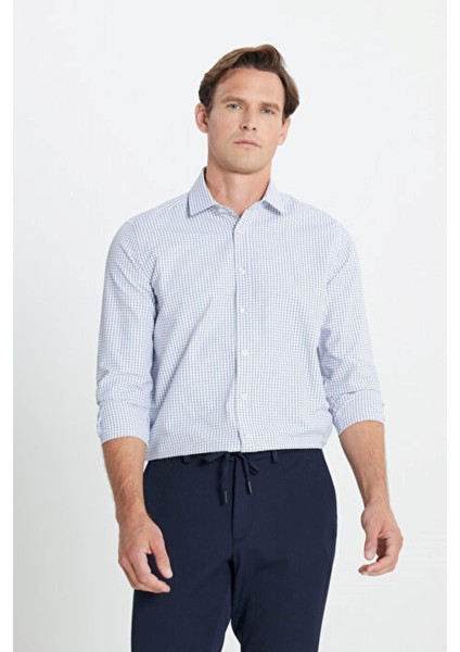 Pamuklu Oxford Slim Fit Dar Kesim Klasik Yaka Armürlü Beyaz-Lacivert Gömlek