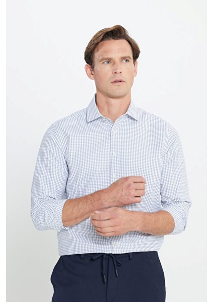 Pamuklu Oxford Slim Fit Dar Kesim Klasik Yaka Armürlü Beyaz-Lacivert Gömlek modelleri