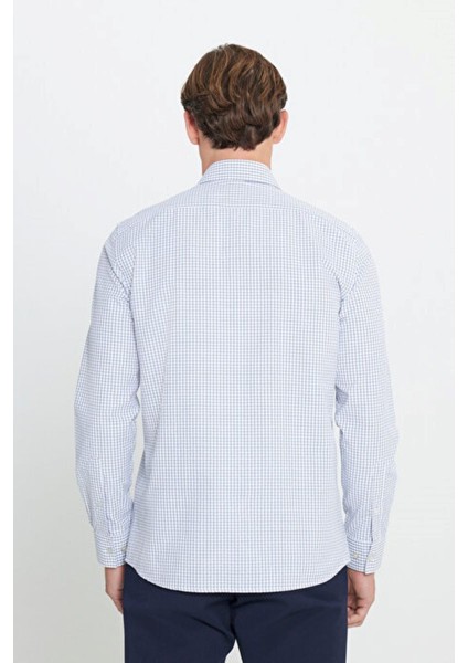Pamuklu Oxford Slim Fit Dar Kesim Klasik Yaka Armürlü Beyaz-Lacivert Gömlek indirimleri