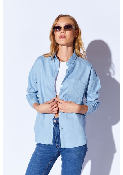 Mavi Oversize Tek Cepli Gabardin Rahat Kesim Soft Dokulu Pamuk Kadın Gömlek - 8174 fiyatları
