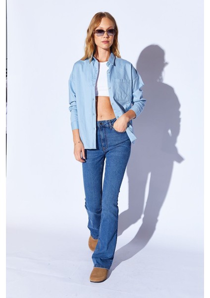 Mavi Oversize Tek Cepli Gabardin Rahat Kesim Soft Dokulu Pamuk Kadın Gömlek - 8174 modelleri