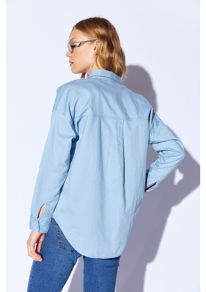 Mavi Oversize Tek Cepli Gabardin Rahat Kesim Soft Dokulu Pamuk Kadın Gömlek - 8174 indirimleri