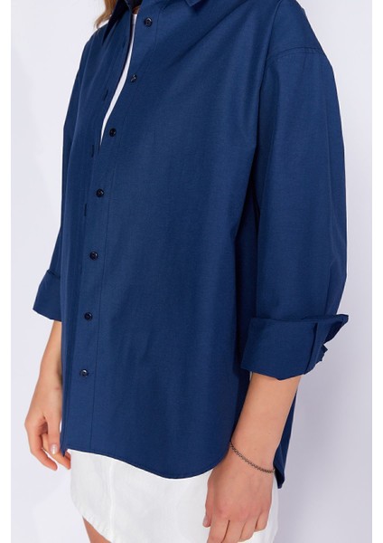 Lacivert Kadın Rahat Kesim Pamuk Poplin Gömlek| Ek100163867yn-3867 fırsatları