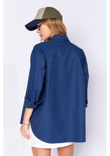 Lacivert Kadın Rahat Kesim Pamuk Poplin Gömlek| Ek100163867yn-3867 indirimleri