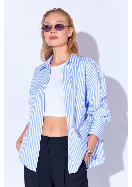 Mavi Çizgili Oversize Rahat Kalıp Basic Kadın Gömlek Ek100167429yn