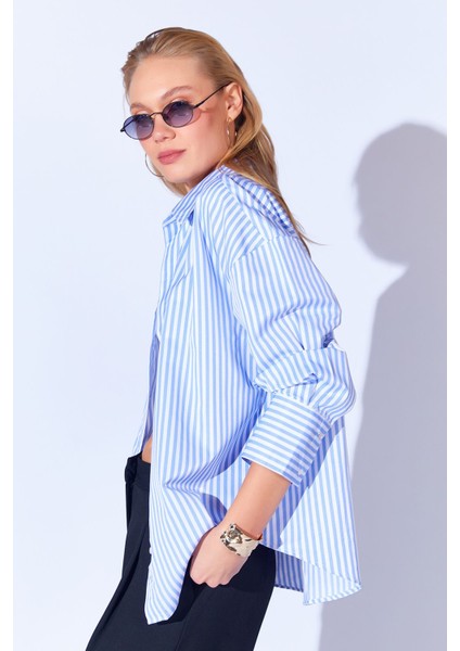 Mavi Çizgili Oversize Rahat Kalıp Basic Kadın Gömlek Ek100167429yn fiyatları