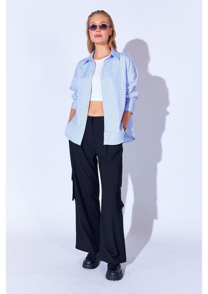 Mavi Çizgili Oversize Rahat Kalıp Basic Kadın Gömlek Ek100167429yn modelleri