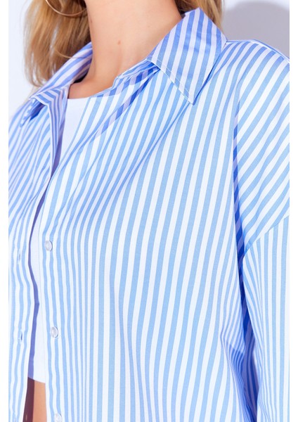 Mavi Çizgili Oversize Rahat Kalıp Basic Kadın Gömlek Ek100167429yn fırsatları