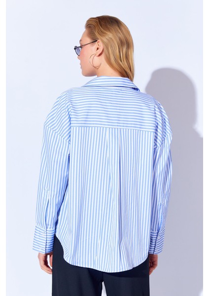 Mavi Çizgili Oversize Rahat Kalıp Basic Kadın Gömlek Ek100167429yn indirimleri