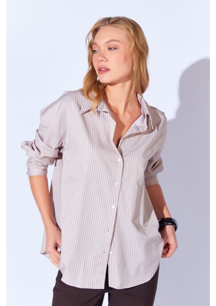Bej Ince Çizgili Pamuk Saten Oversize Rahat Kalıp Kadın Basic Gömlek Ek100167432yn