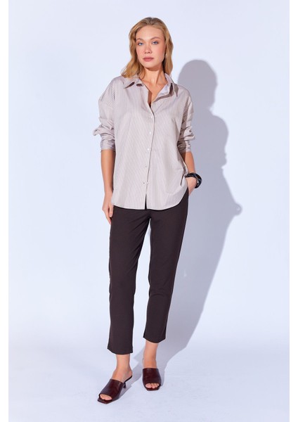 Bej Ince Çizgili Pamuk Saten Oversize Rahat Kalıp Kadın Basic Gömlek Ek100167432yn modelleri