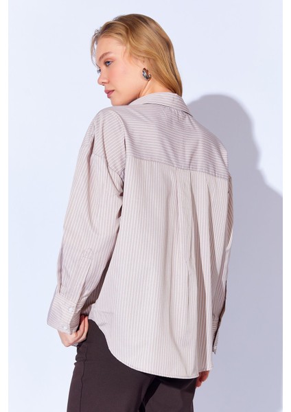 Bej Ince Çizgili Pamuk Saten Oversize Rahat Kalıp Kadın Basic Gömlek Ek100167432yn indirimleri