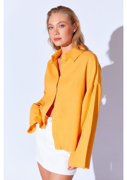 Oranj Kolları Salaş Yıkamalı Müslin Oversize Rahat Kalıp Kadın Basic Gömlek| Mks166881-01-6881