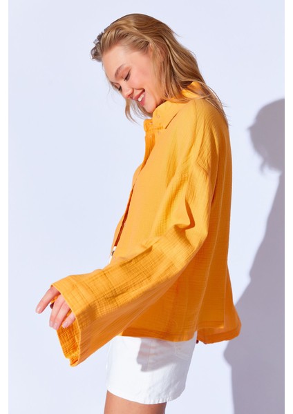 Oranj Kolları Salaş Yıkamalı Müslin Oversize Rahat Kalıp Kadın Basic Gömlek| Mks166881-01-6881 fiyatları