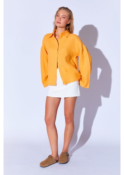 Oranj Kolları Salaş Yıkamalı Müslin Oversize Rahat Kalıp Kadın Basic Gömlek| Mks166881-01-6881 modelleri