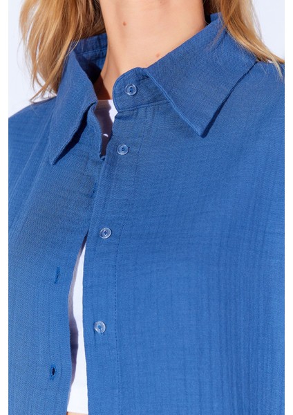 Indigo Kolları Salaş Yıkamalı Müslin Oversize Rahat Kalıp Kadın Basic Gömlek| MKS166881-01-6881 fırsatları