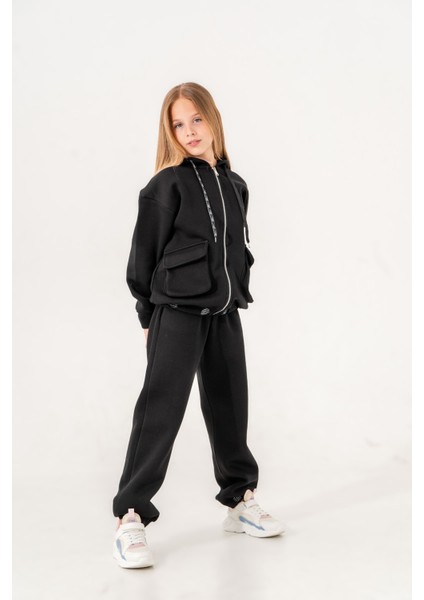 Kız Çocuk Ribanası Yazılı Üç Iplik Fermuarlı Eşofman Takımı