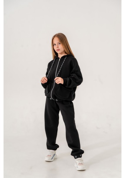 Kız Çocuk Ribanası Yazılı Üç Iplik Fermuarlı Eşofman Takımı modelleri