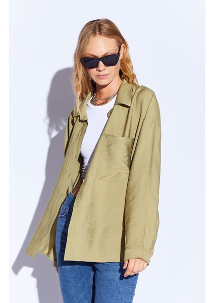 Olive V Yaka Kadın Salaş Gömlek - 6918 fiyatları