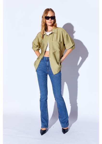 Olive V Yaka Kadın Salaş Gömlek - 6918 modelleri