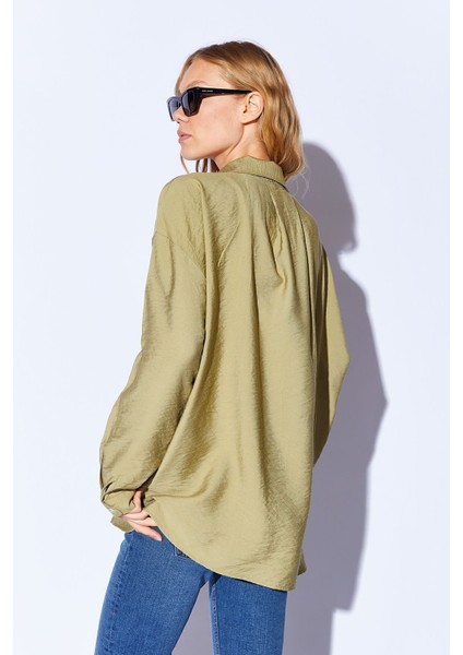 Olive V Yaka Kadın Salaş Gömlek - 6918 indirimleri