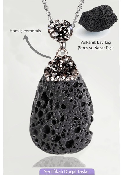 Sertifikalı Zirkon Taşlı Model Ham Işlenmemiş Volkanik Lav Taşı Kolye