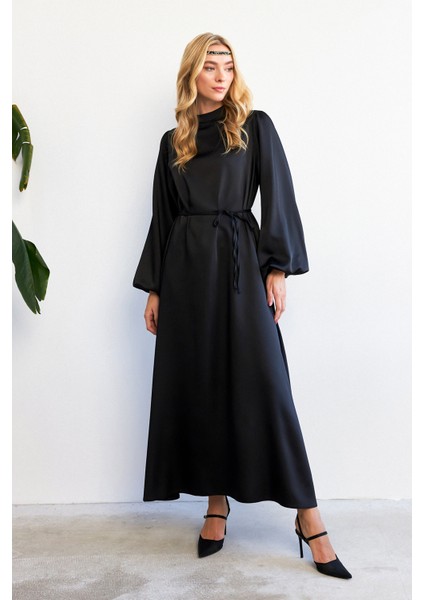 Balon Kol Saten Abiye Elbise - Siyah