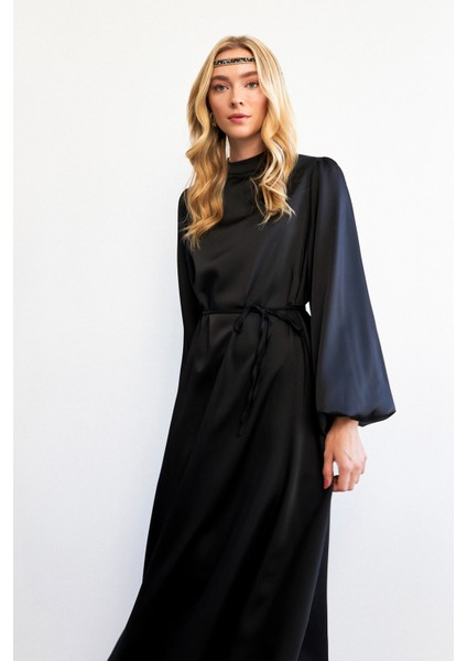 Balon Kol Saten Abiye Elbise - Siyah fiyatları