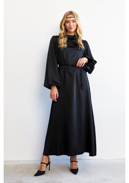 Balon Kol Saten Abiye Elbise - Siyah modelleri