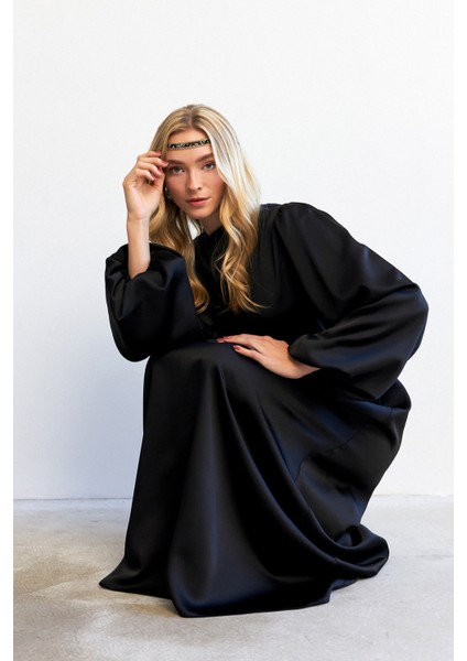 Balon Kol Saten Abiye Elbise - Siyah fırsatları