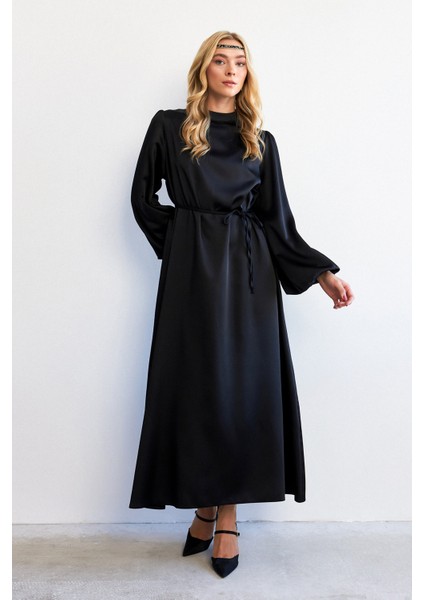 Balon Kol Saten Abiye Elbise - Siyah indirimleri