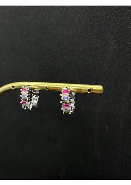 Renkli Taşlı Ithal Halka Gümüş Küpe