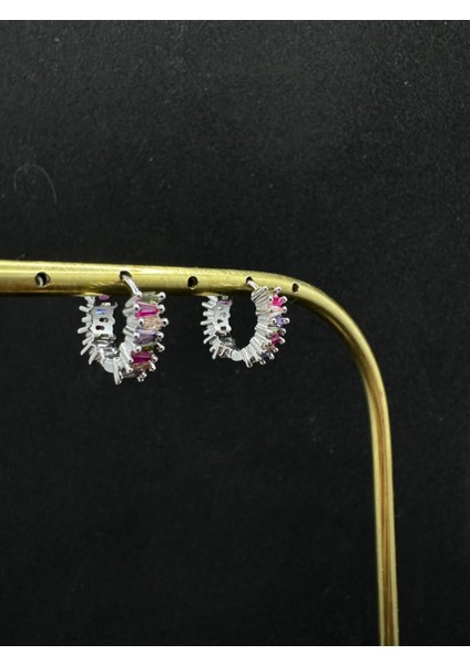 Renkli Taşlı Ithal Halka Gümüş Küpe modelleri