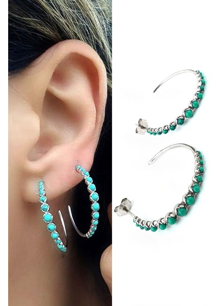 Italyan Tasarımı 925AYAR Gümüş Turkuaz Taşlı Yarım Halka Küpe Özel Seri