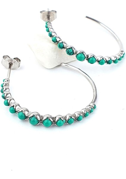 Italyan Tasarımı 925AYAR Gümüş Turkuaz Taşlı Yarım Halka Küpe Özel Seri fiyatları