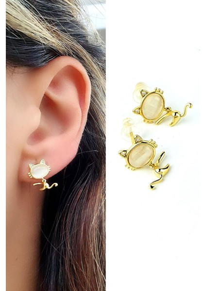 Sedef Taşlı 925AYAR Gümüş Üzerine Altın Kaplama Hareketli Tasarım Kedi Küpe