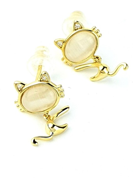 Sedef Taşlı 925AYAR Gümüş Üzerine Altın Kaplama Hareketli Tasarım Kedi Küpe fiyatları