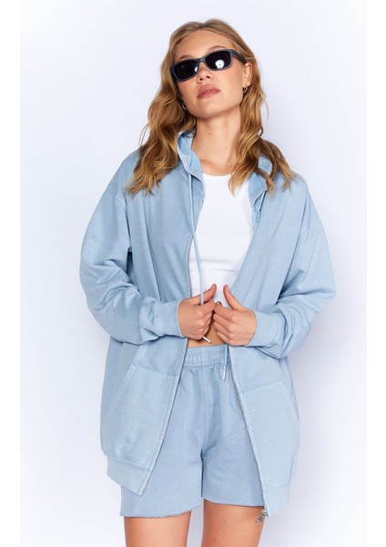 Eskitme/soluk Efektli Rahat Kesim Fermuarlı Kapüşonlu Sweatshirt Hırka | Mavi| EK100278855-8855