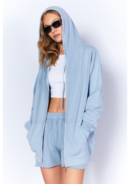 Eskitme/soluk Efektli Rahat Kesim Fermuarlı Kapüşonlu Sweatshirt Hırka | Mavi| EK100278855-8855