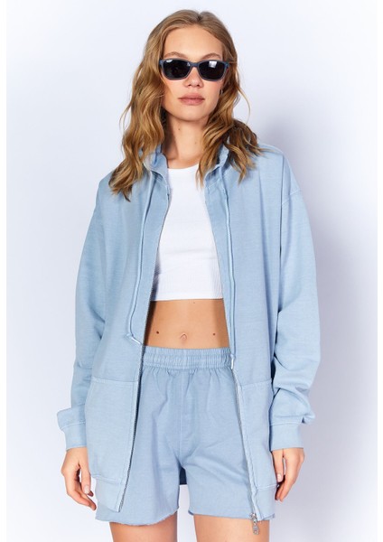 Eskitme/soluk Efektli Rahat Kesim Fermuarlı Kapüşonlu Sweatshirt Hırka | Mavi| EK100278855-8855