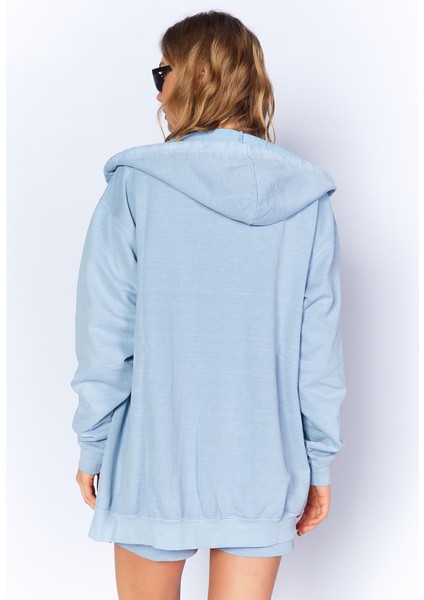 Eskitme/soluk Efektli Rahat Kesim Fermuarlı Kapüşonlu Sweatshirt Hırka | Mavi| EK100278855-8855